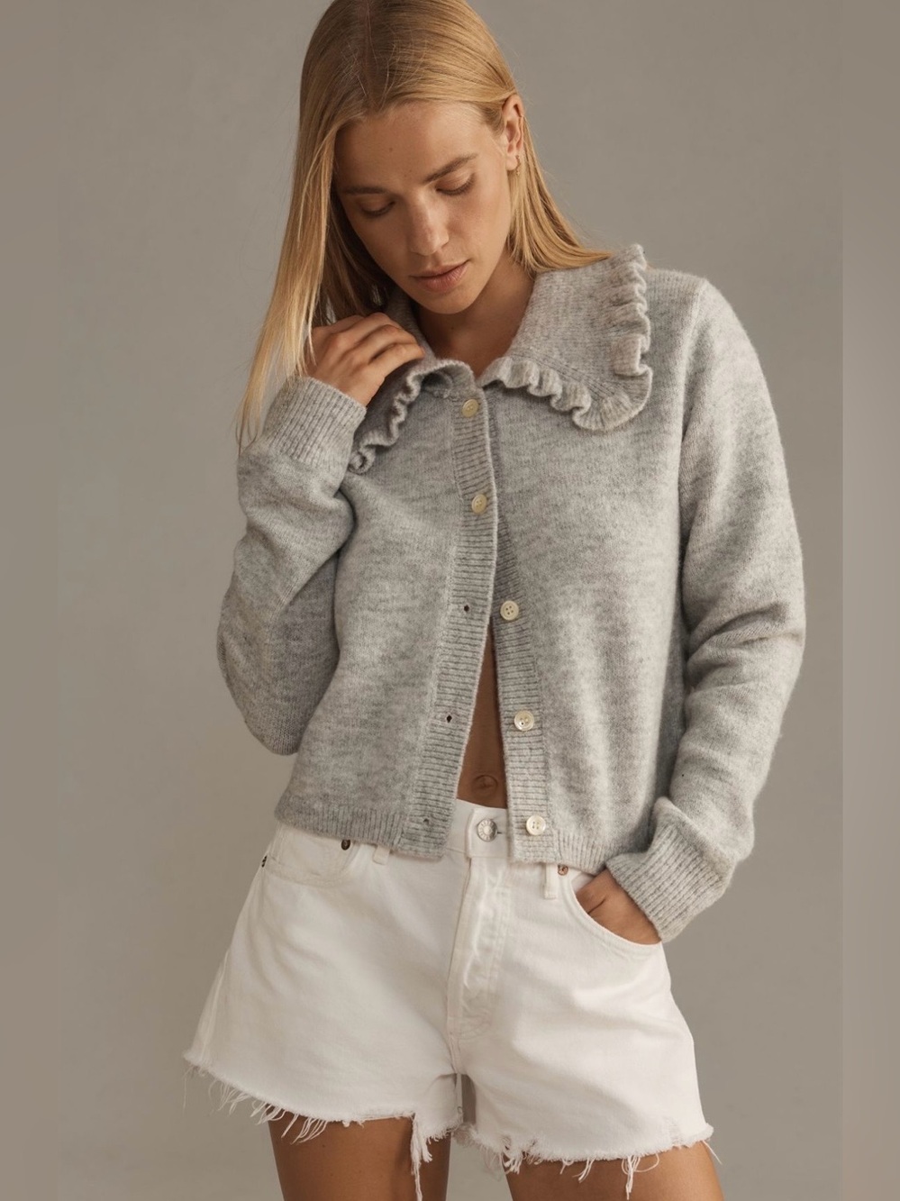 Self-Contrast Ainsley Ruffle Collar Cardigan